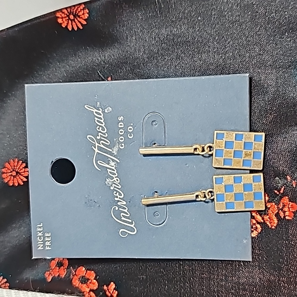NWT Universal Thread Checkered Blue and Gold Earrings